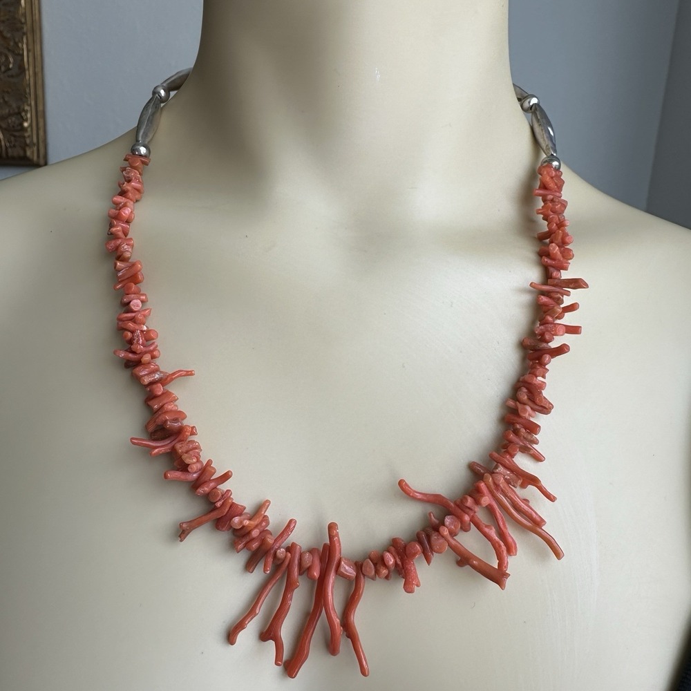 VTG‎ Native American Necklace 20.5 Inch Branch Orange Coral 925 Sterling 24.0g